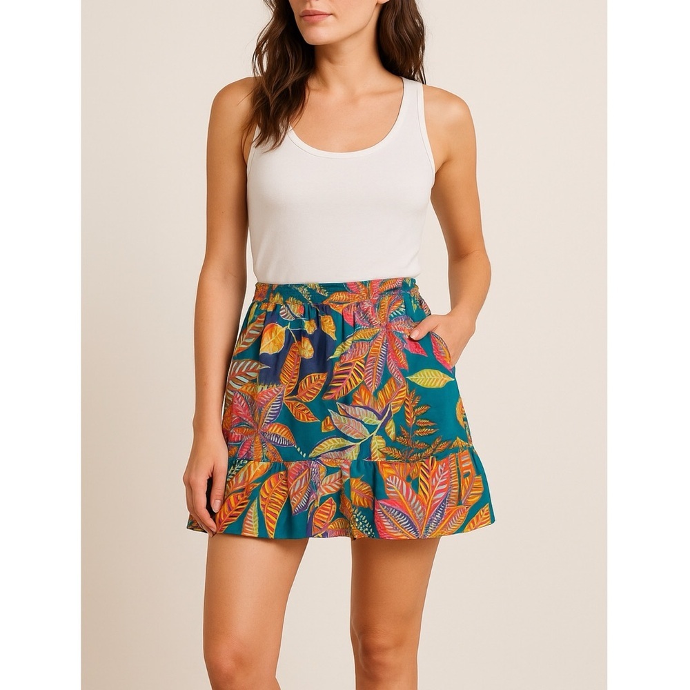 Cynthia Rowley Tropical Leaf Cotton Ruffle Mini Skirt Elastic Waist Pockets M